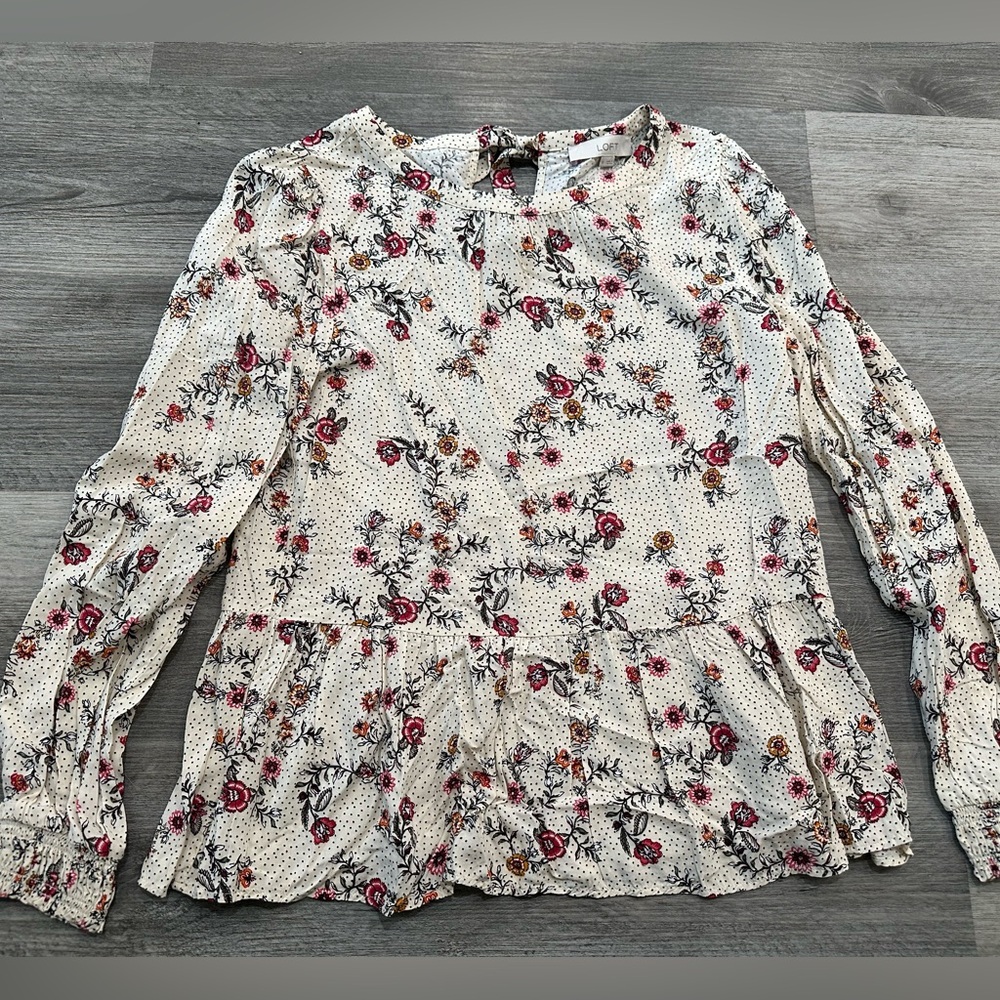 LOFT Cream Floral Long Sleeve Peplum Blouse